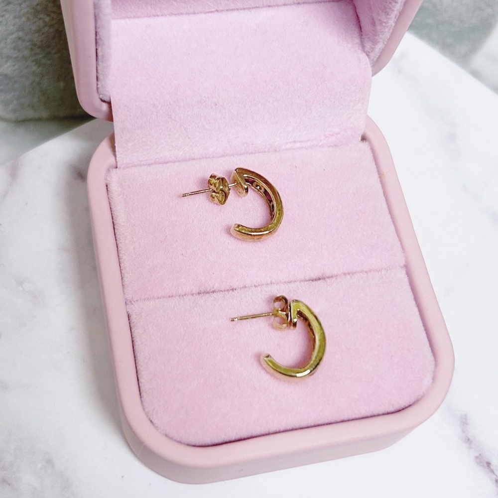 10k Solid Gold Ruby & Diamond J Style Huggie Earr… - image 8